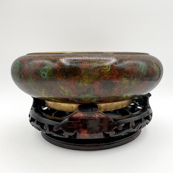Vintage Chinese Cloisonne Enamel Bowl with Carved Lacquer Wood Stand - Picture 10 of 13